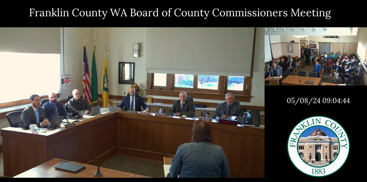 A member of the public speaks at the Franklin County Commissioners meeting on May 8, 2024.