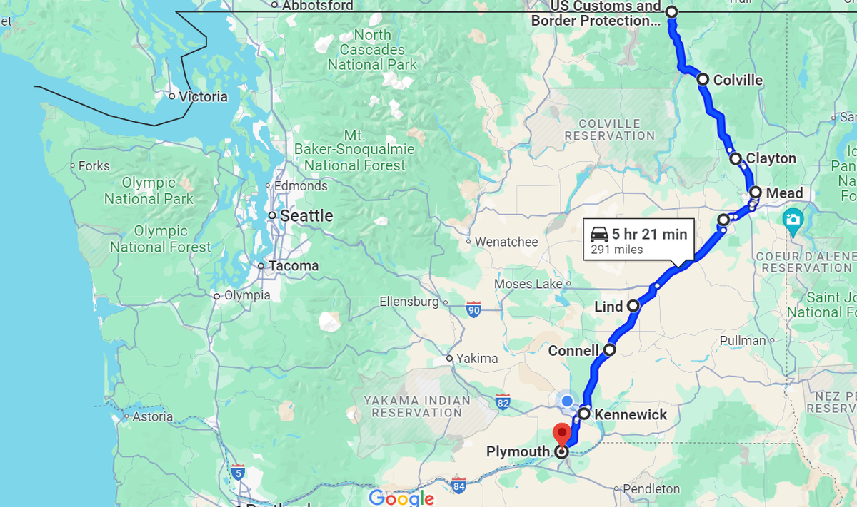 Highlights along the Washington stretch of US-395, as seen on Google Maps.
