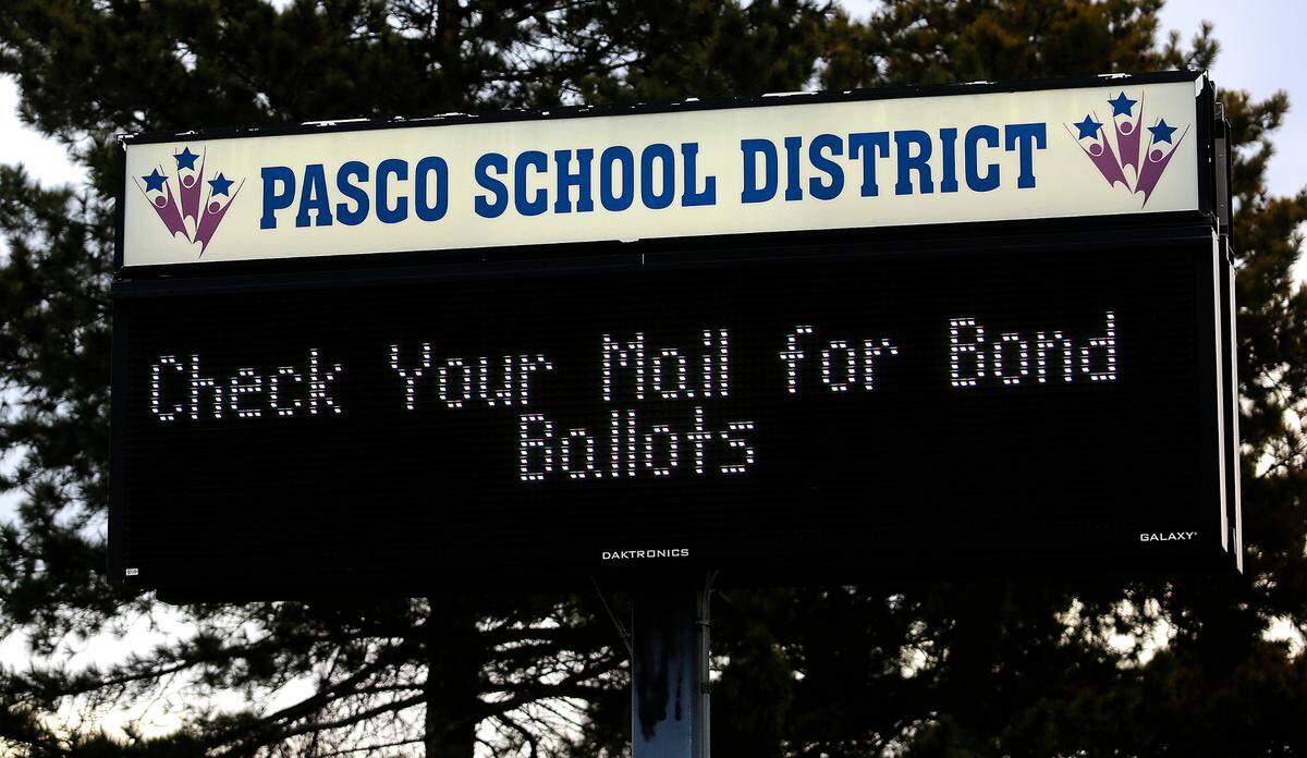 Electronic readerboard at Edgar Brown Memorial Stadium in Pasco reminds Pasco School District residents to be looking for their ballots arriving in the mail for the levy election in February 2023.