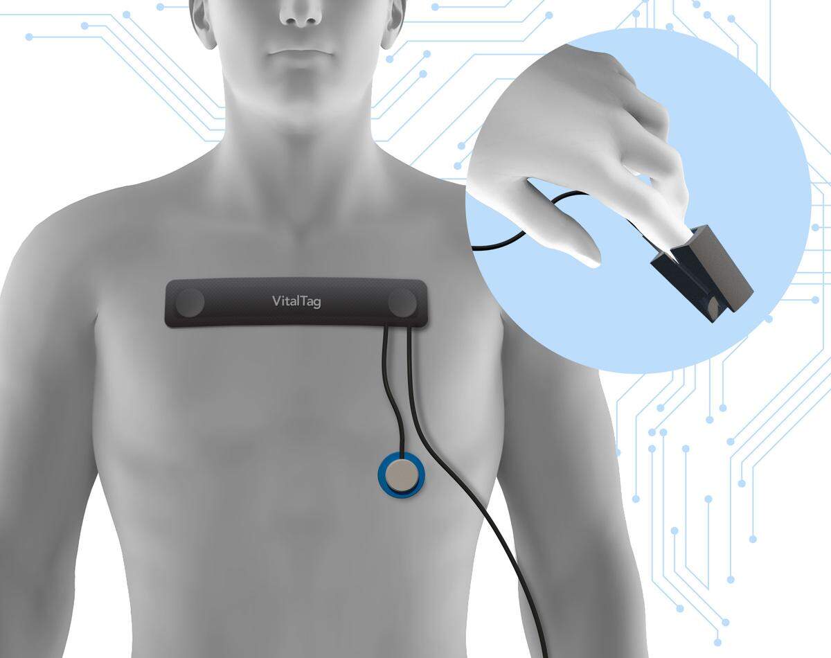An image showing the second generation of the VitalTag being developed at Pacific Northwest National Laboratory. The device is will be a bendable and will be stuck directly to a persons chest.