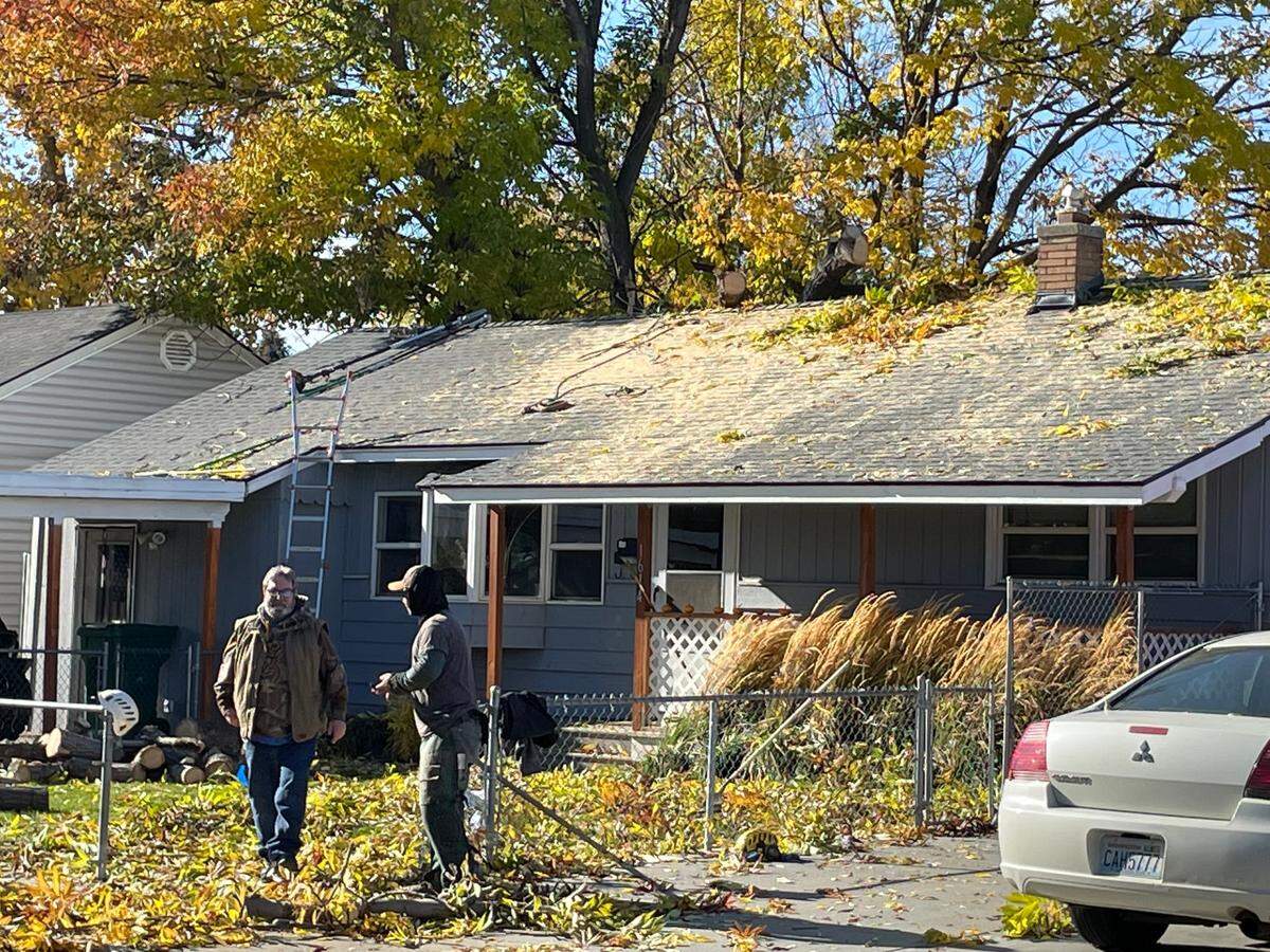 Time Cone, left, surveys the damage caused when a branch from an ash tree crashed onto his roof and through the ceiling of his home on Fruitland Street in Kennewick. A crew with Quality Tree Service works to remove the branch and limbs.