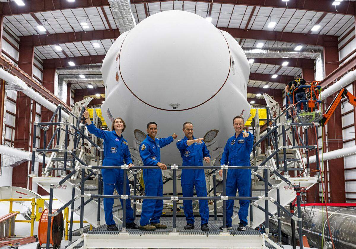 From left are NASA astronauts Kayla Barron, Raja Chari, and Tom Marshburn, along with Matthias Mauer with the European Space Agency.