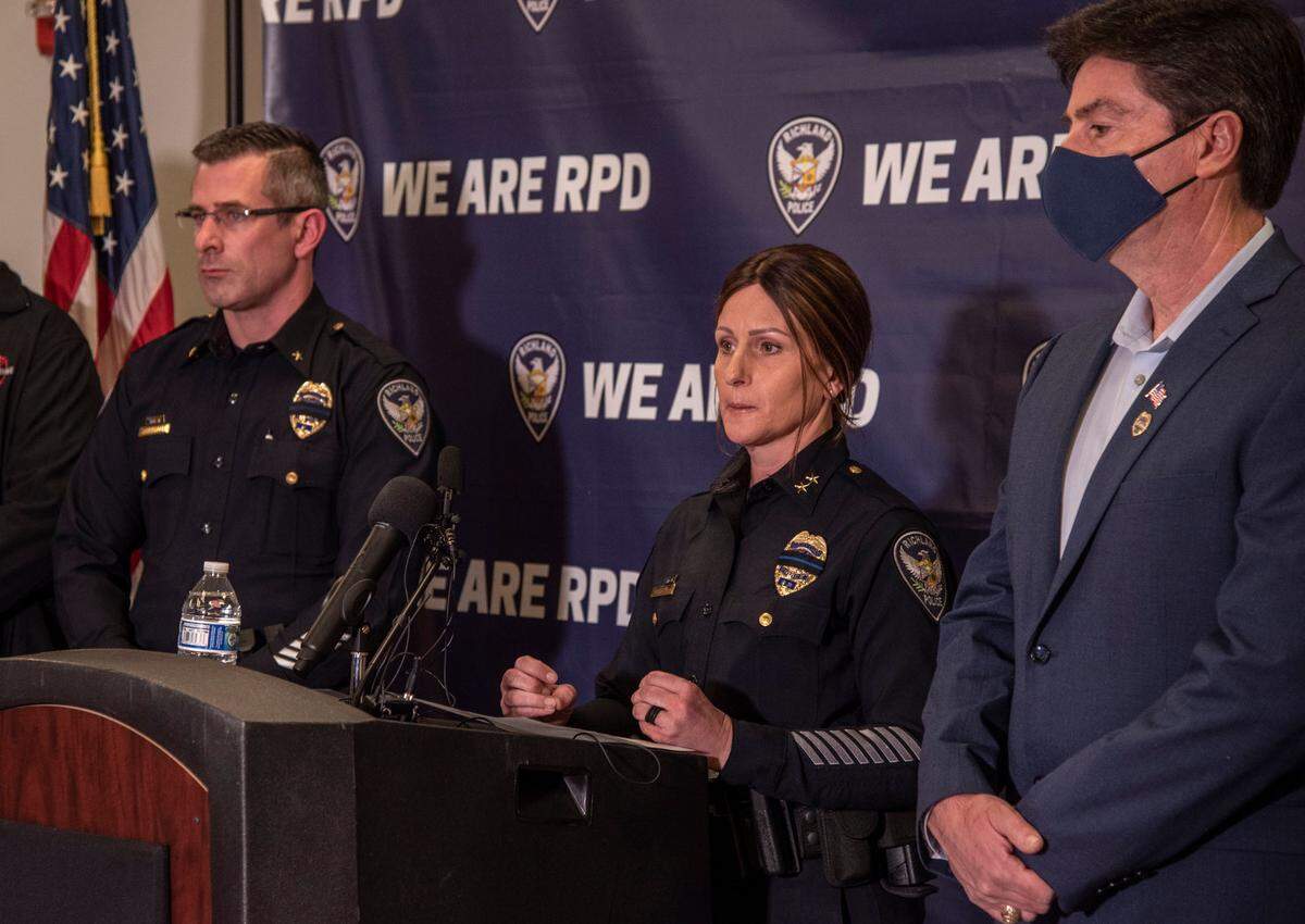 Interim Chief Brigit Clary addresses the media during an evening press briefing held at the Richland Police Department main office following the Fred Meyer shooting early in the day in Richland, WA.