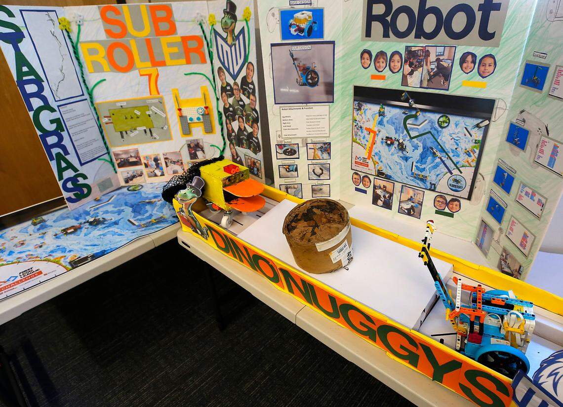 Project boards for First Lego League sit on a table in the STEM classroom at Marcus Whitman Elementary School in Richland.