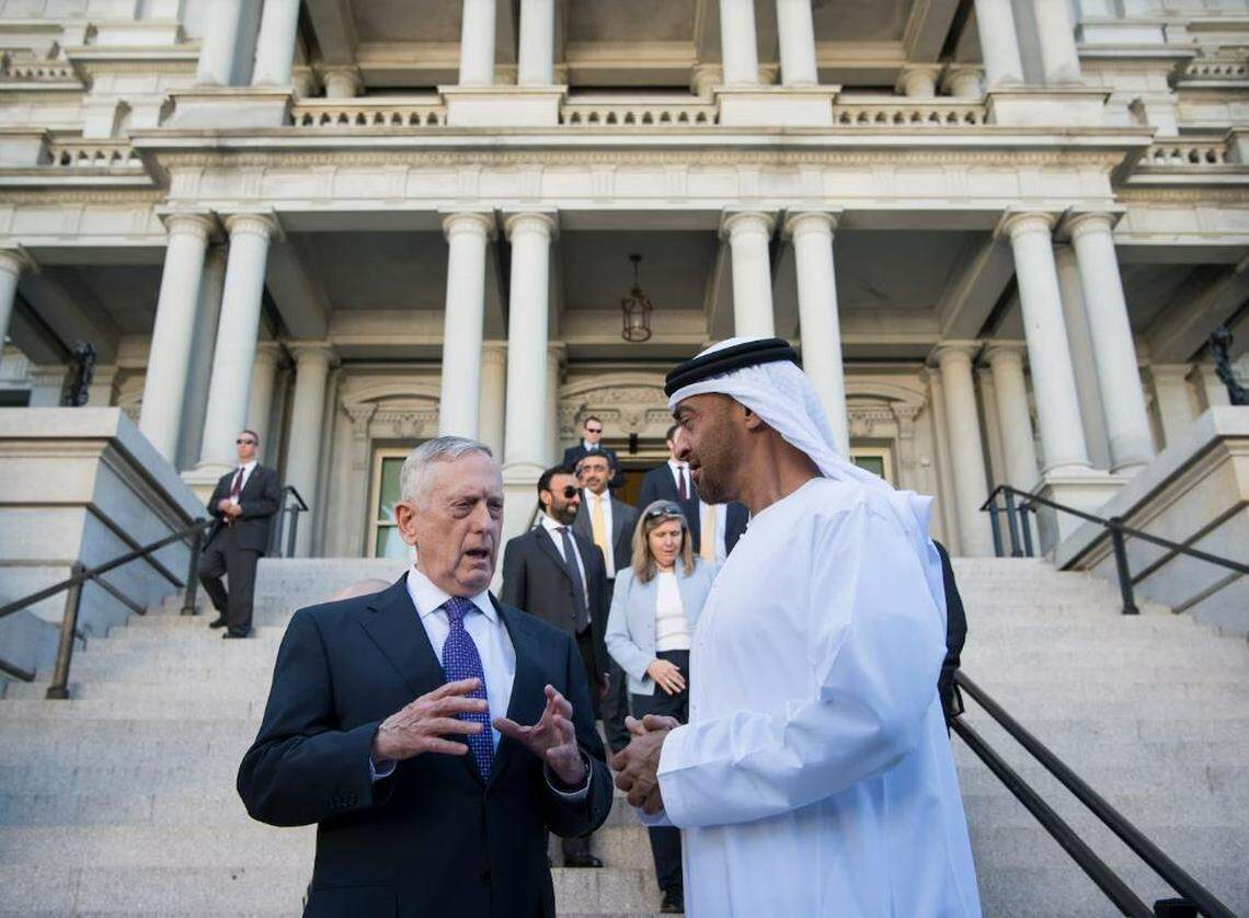 Mattis meets with Sheikh Mohamed bin Zayed al-Nahyan in 2017 at the Eisenhower Executive Office Building in Washington. The men bonded in the aftermath of the Arab Spring in 2011, when Mattis was serving as head of U.S. Central Command, overseeing all U.S. forces in the Middle East.