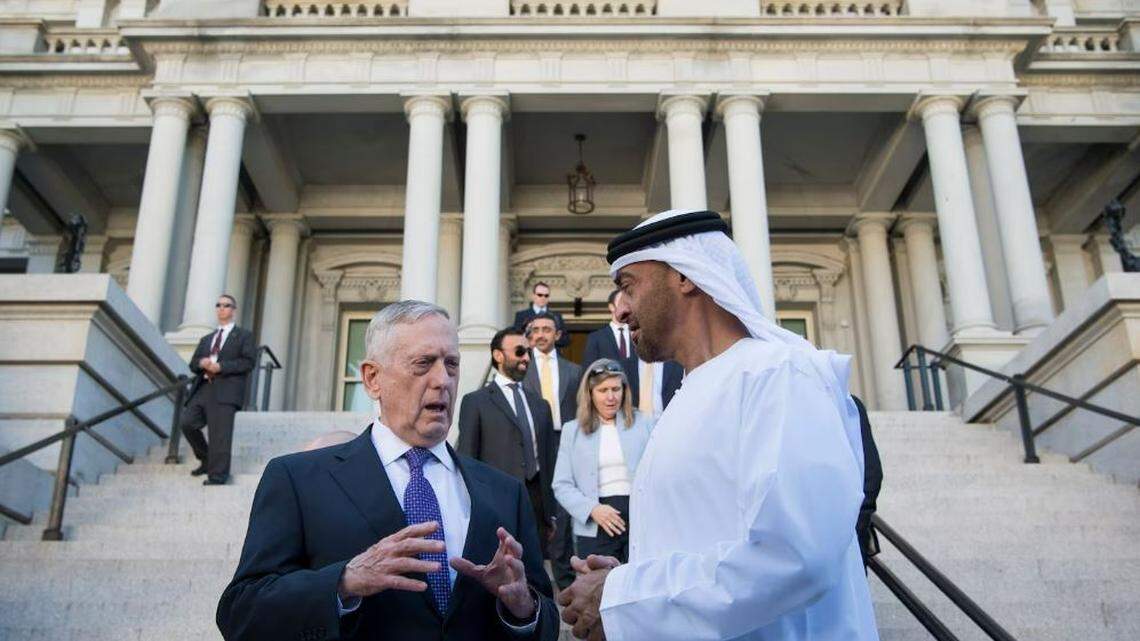Mattis meets with Sheikh Mohamed bin Zayed al-Nahyan in 2017 at the Eisenhower Executive Office Building in Washington. The men bonded in the aftermath of the Arab Spring in 2011, when Mattis was serving as head of U.S. Central Command, overseeing all U.S. forces in the Middle East.