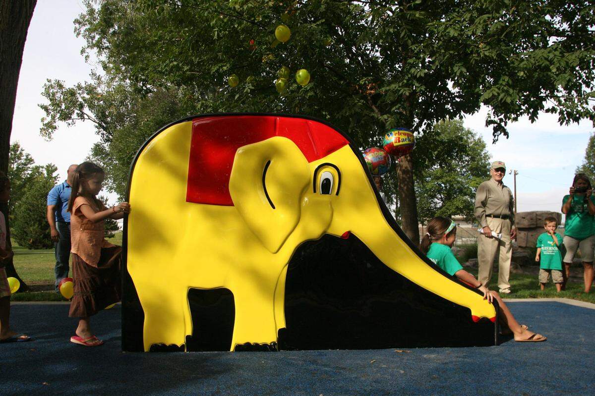 The refurbished “Mr. Elephant” slide is rededicated in 2010 at Richland’s Howard Amon Park. The beloved slide is one of the features being kept as the city refurbishes the Sturgeon Cove playground.