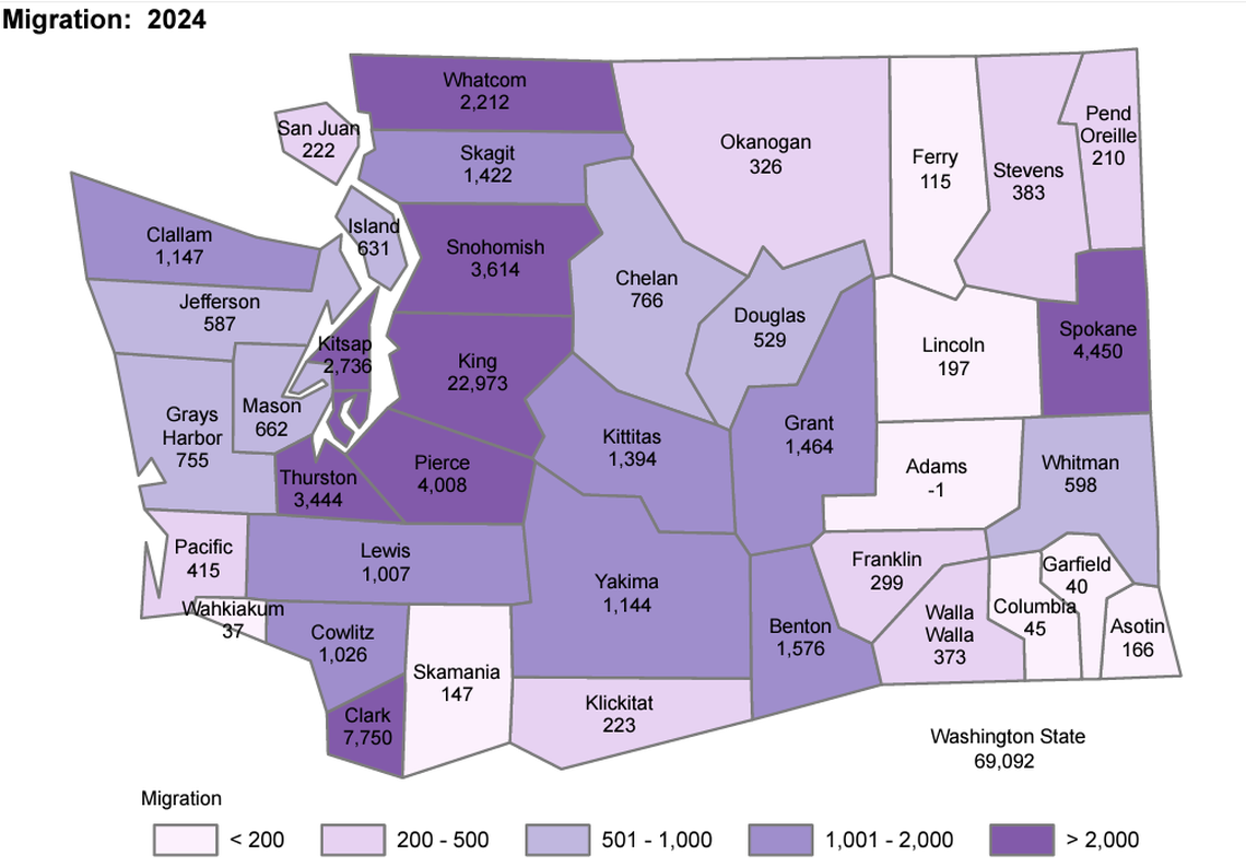 Map used in the 2024 poulation change in Washington press release from the Office of Financial Management shows which counties had the greatest population increases through move-ins.