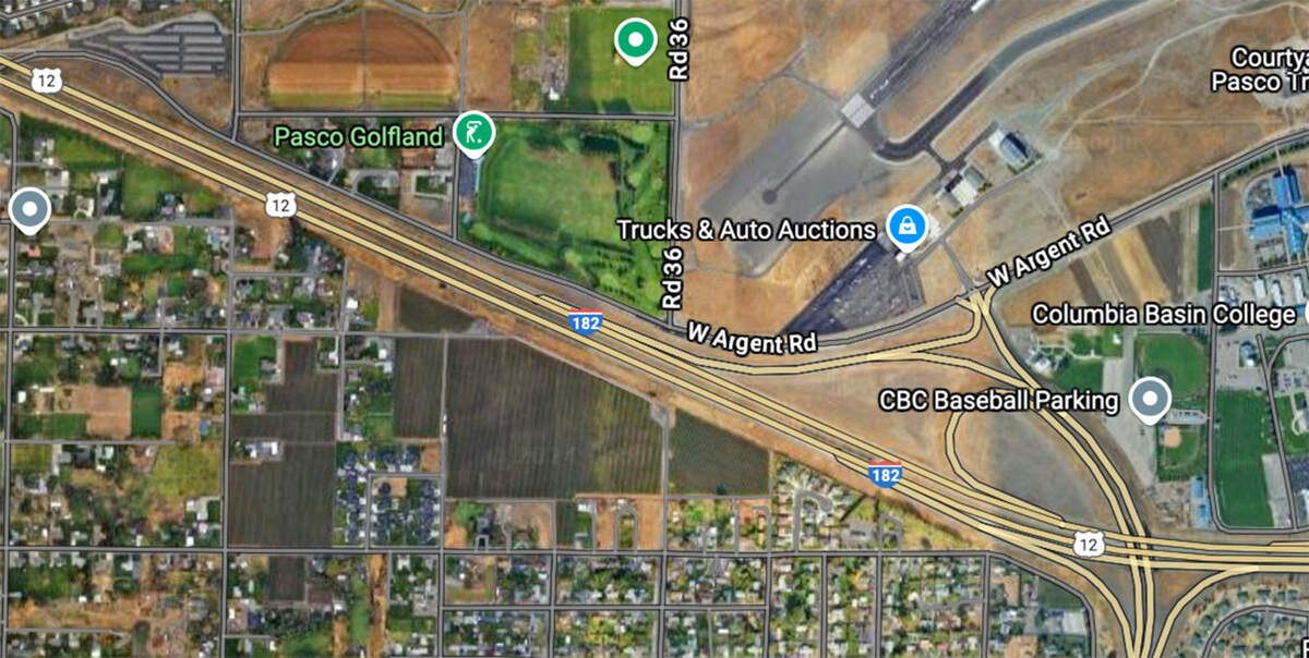 Map showing Interstate 182 in Pasco where fatal rollover wreck took place near milepost 11.