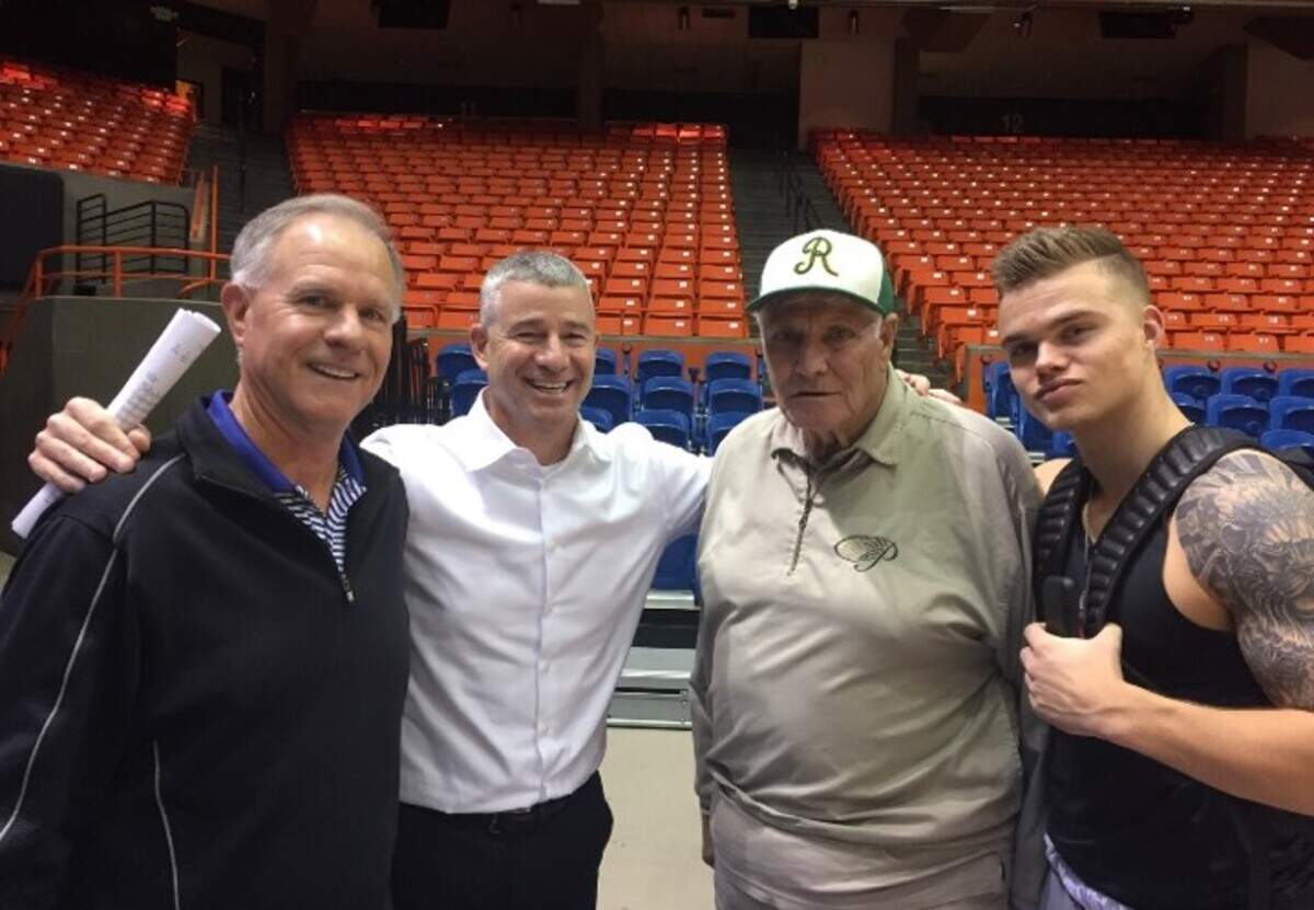 A Richland reunion in November 2016, saw Dick Cartmell, left, officiate a game between Leon Rice’s (second from left) Boise State team and Northwest Christian, where Rice’s son Brock played. Second from the right is former Richland basketball coach Frank Teverbaugh.