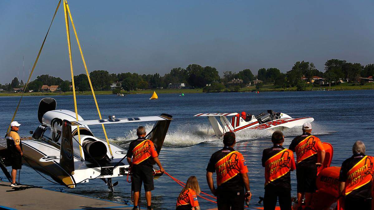 Crew members from the U-91 Goodman Real Estate and U-40 Bucket List Racing unlimited hydroplanes wait in line for their turn at a testing run on the Columbia River as the vintage 1973 U-25 Pay ‘N Pak leaves the docks the annual spring training day in the Tri-Cities. A record number of hydroplanes were expected to test for the 2023 season. There are five scheduled races on the 2023 H1 Unlimited circuit. The Columbia Cup is July 28-30 in Tri-Cities.