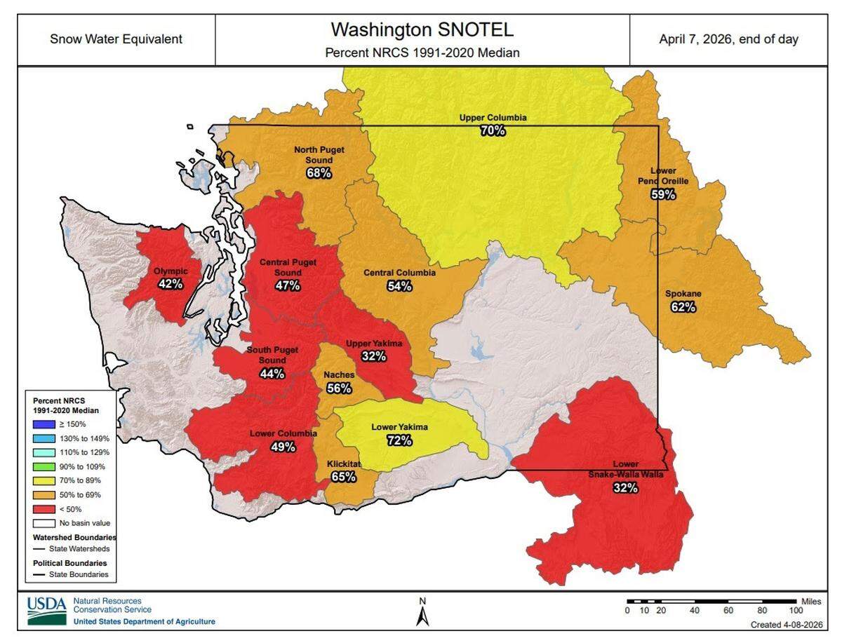 The water equivalent in the snowpack in Washington state compared to normal.