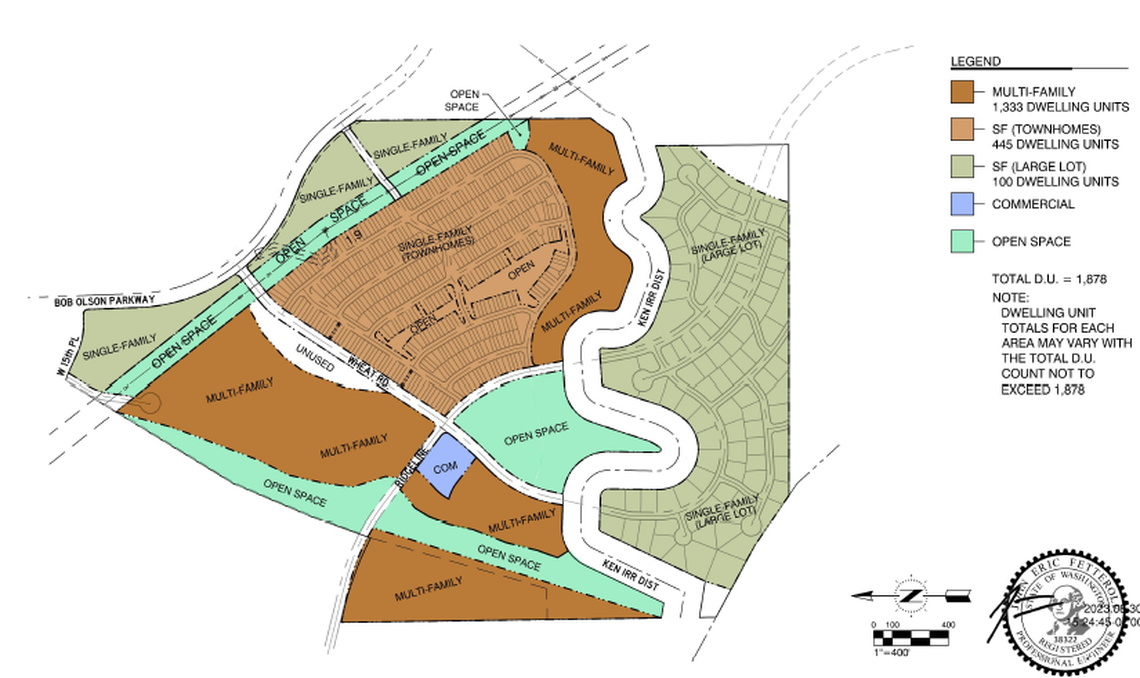 Mitchell Creer LLC is proposing a mix of apartments, houses and townhouses on a 152-acre property at Bob Olson Parkway near Badger Canyon Apartments and Desert Hills Middle School in south Kennewick. 