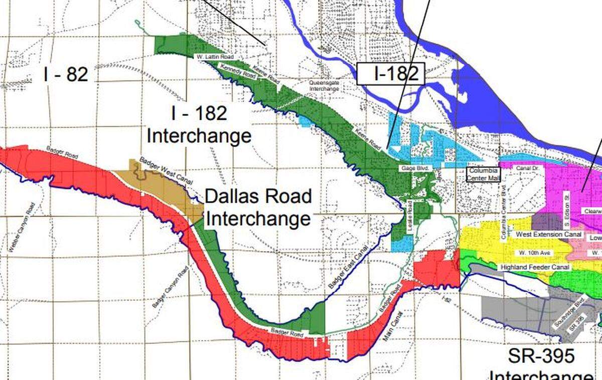 The area of the Kennewick Irrigation District served by the Badger East Canal is shown in dark green.