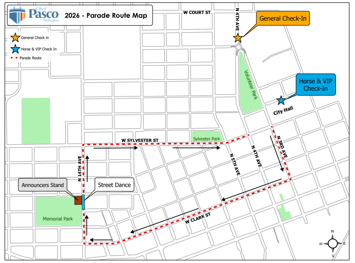 The parade route for the 2026 Grand Old Fourth of July parade on July 4, 2026, in Pasco loops between Third Ave. and 14th Ave.