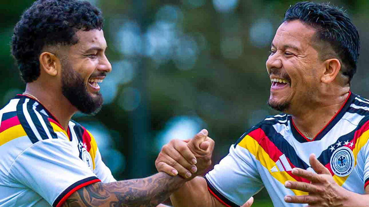 Alex Castro, left, celebrates with teammate Jorge Alvarado after scoring during a La Liga 1020 Division Championship soccer match on May 28 in Pasco.
