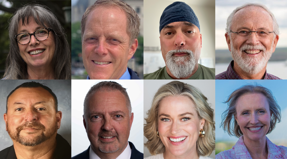 Primary candidates this year for Washington’s Fourth Congressional District. They are, clockwise from top left, Democrat Mary Baechler, Republican Jerrod Sessler, MAGA Democrat John Malan, Republican incumbent Dan Newhouse, Democrat Birdie Jane Muchlinski, Republican Tiffany Smiley, Democrat Barry Knowles, and independent Benny Garcia.
