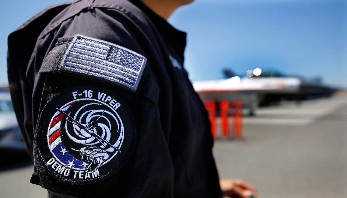 A ground crew member of U.S. Air Force F-16 Viper Demonstration Team’s stands near their jet after it land Thursday at the Tri-Cities Airport in Pasco for this weekend’s performances at the STCU Over-The-River Air Show The team is based at the Shaw Air Force Base in Sumter, S.C.