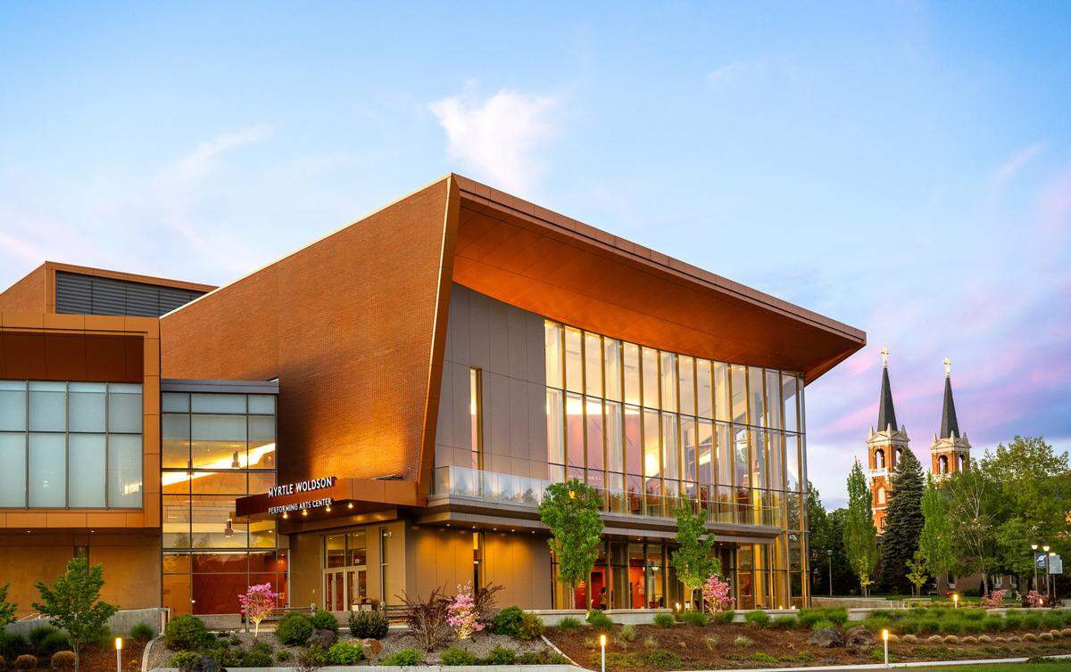 Myrtle Woldson Performing Arts Center in the twilight hours.