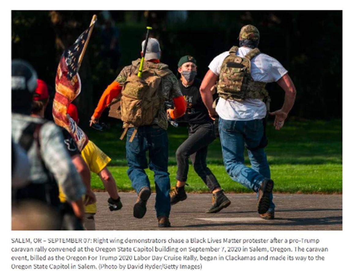 This photo from a September 7, 2020, Proud Boys rally at the state capitol building in Salem, Oregon shows an individual believed to be Jonathanpeter Klein, left, chasing a fleeing Black Lives Matter protester, who was ultimately assaulted by the other person in the image, according to the FBI.