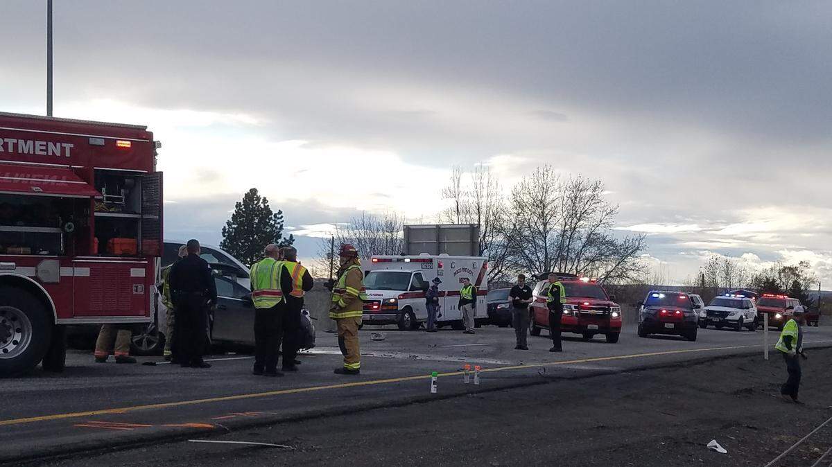 A crash between a small sedan and black pickup on Interstate 182 near North Fourth Avenue in Pasco sent two men to the hospital.