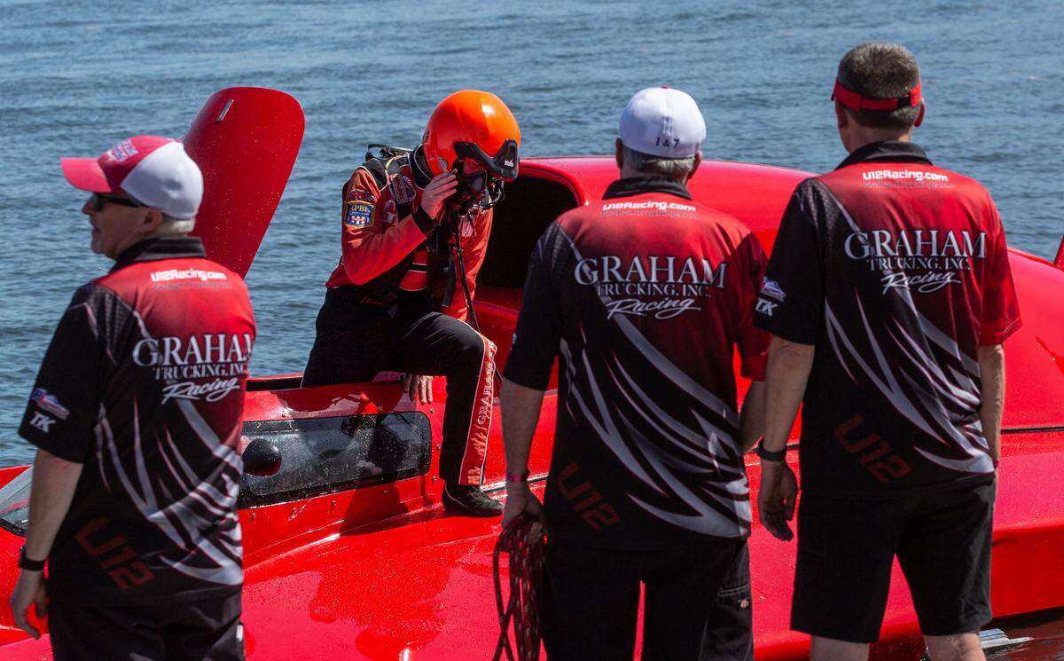 Andrew Tate, 31, exits the U12 Graham Trucking unlimited hydroplane after a practice run during this June’s spring training session on the Columbia River. Tate was a last-minute addition to the Graham team, which lost both former drivers to Strong Racing. Eight unlimited hydroplanes are scheduled to take part in this week’s HAPO Columbia Cup.