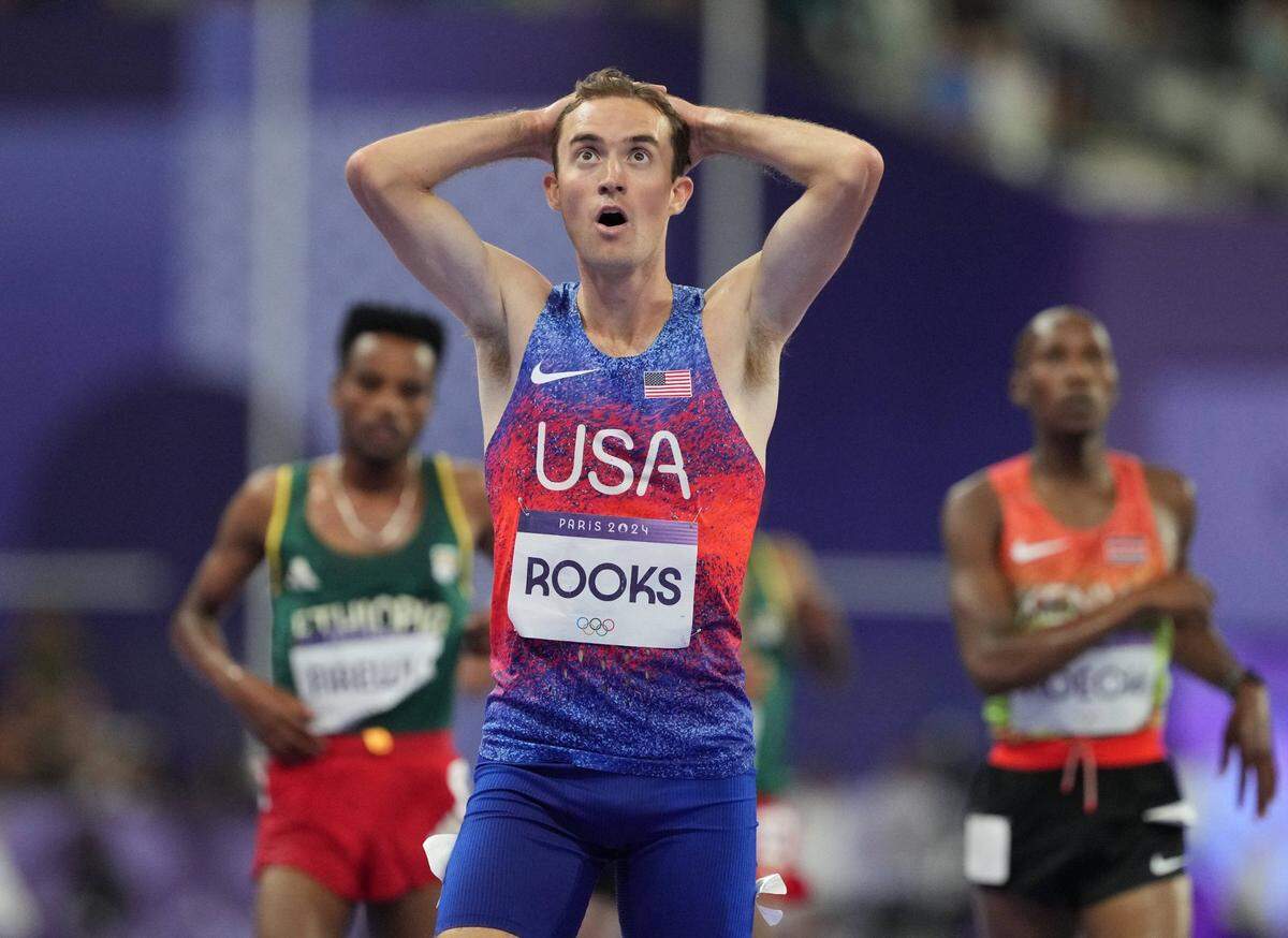 Aug 7, 2024; Saint-Denis, FRANCE; Kenneth Rooks (USA) celebrates after finishing in second in the men's 3000m steeplechase final during the Paris 2024 Olympic Summer Games at Stade de France. Mandatory Credit: James Lang-USA TODAY Sports