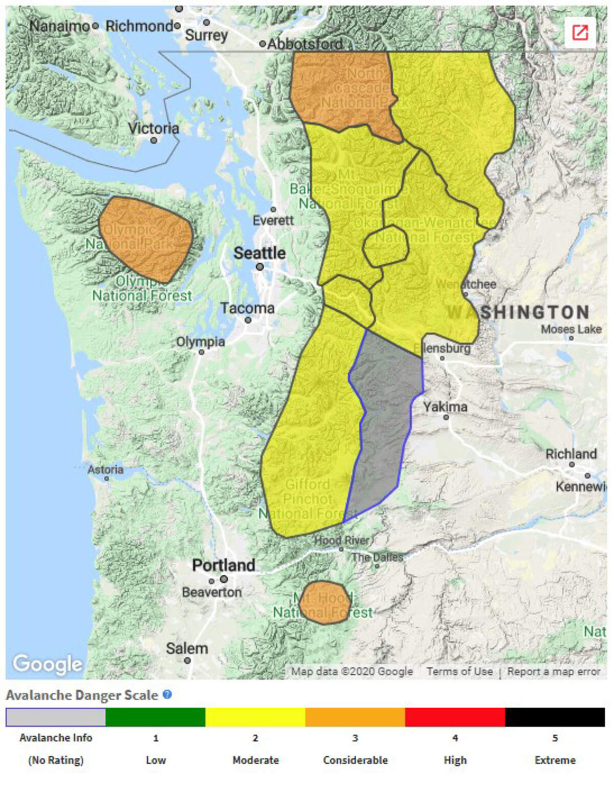 Northwest Avalanche Danger Map as of January 16, 2020.