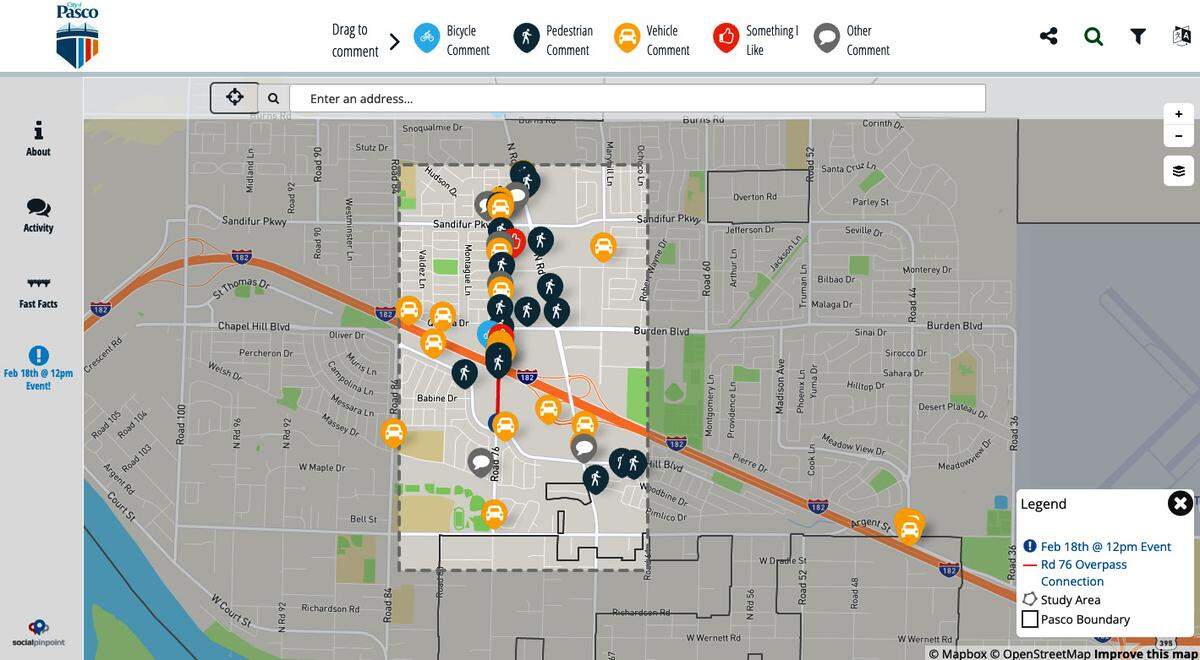 Screenshot of City of Pasco interactive online comment map about proposed Road 76 overpass project.