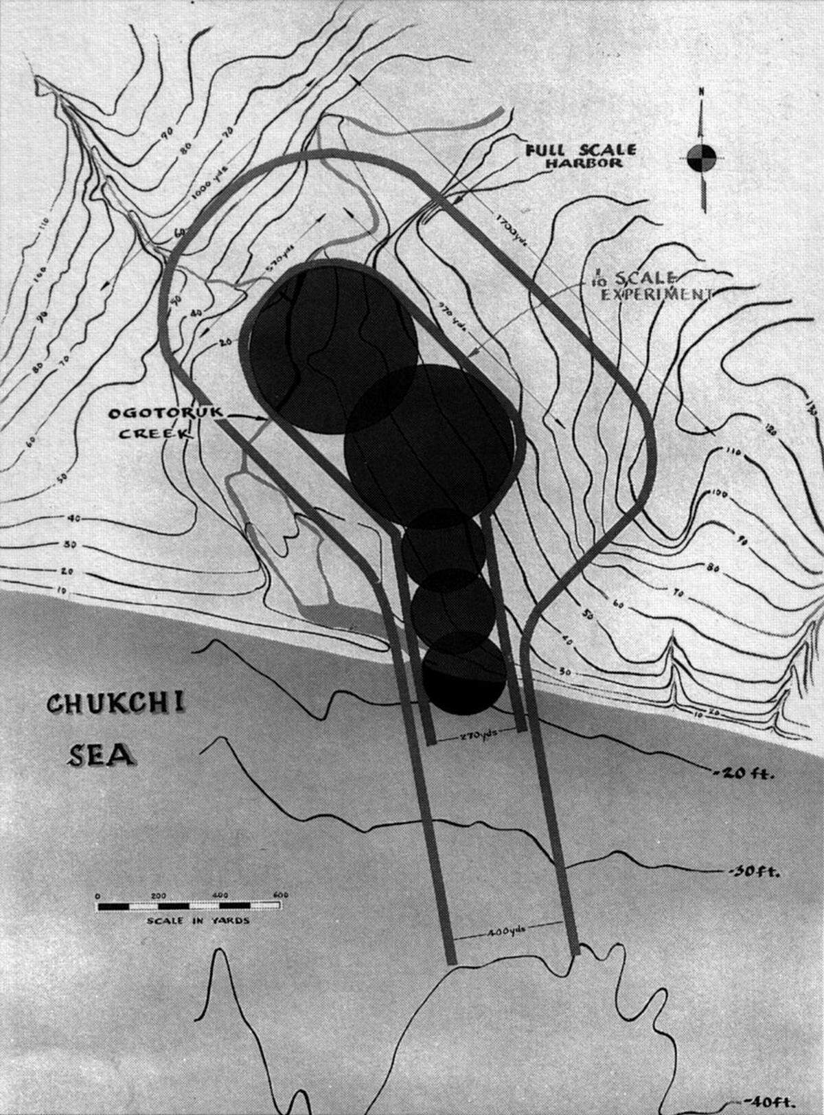 An illustration of the original Project Chariot detonation plan showing how nuclear detonations would be laid out near Ogotoruk Creek in Alaska’s Cape Thompson.