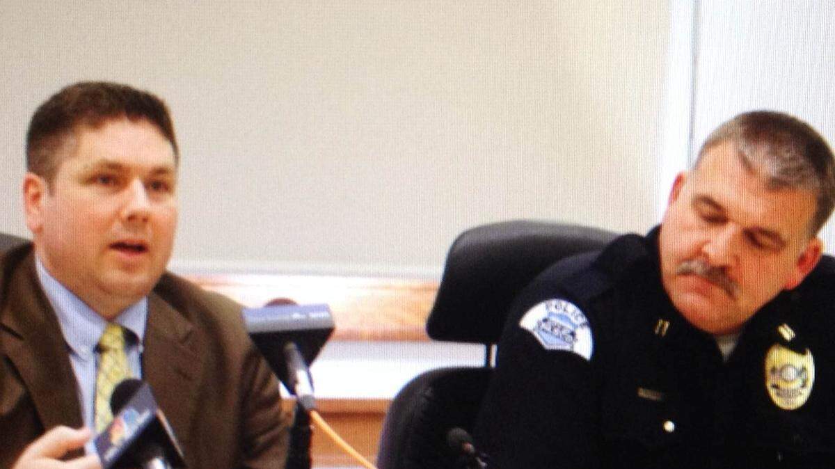 Prosecutor Shawn Sant, left, said at a news conference Wednesday that the death was a justifiable homicide and that the homeowner acted in self-defense. Pasco Police Capt. Jim Raymond is at right.