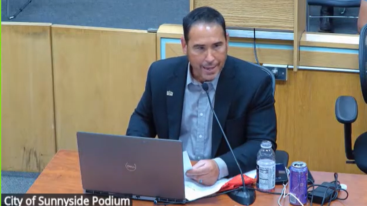 Sunnyside City Manager Mike Gonzalez speaks before being placed on administrative leave on June 2.