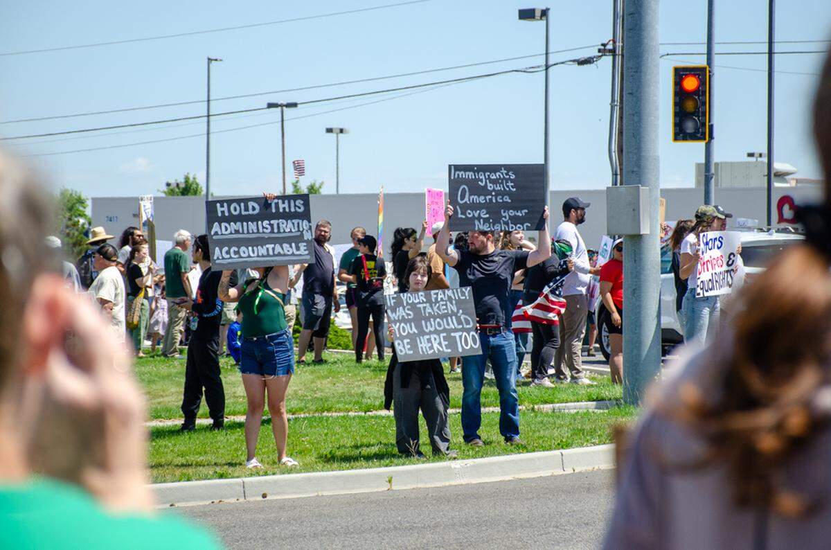 Thousands gathered Saturday, June 14, along Columbia Center Boulevard in Kennewick, Washington, for the nationwide “No Kings” protest. They demonstrated against President Donald Trump’s policies and against arrests made in the Hispanic community by U.S. Immigration and Customs Enforcement, or ICE.