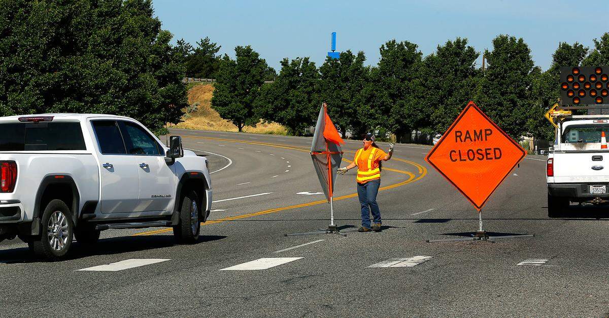 A worker with the Washington State Department of Transportation, is nearly struck by a pickup driver that disregarded warning signs and traffic cones closing the northbound turn lane on 28th Avenue and drove west onto Lewis Street. The female driver pulled partially into the oncoming turn lane and her passenger shouted at the worker, then continued on the closed lanes of the ramp to the blue bridge. The ramp and right southbound lane close again Wednesday from 9 a.m. to 3:30 p.m. for the cleaning project. Expect more delays and lane restrictions when the opposite right lane closes Thursday and Friday.