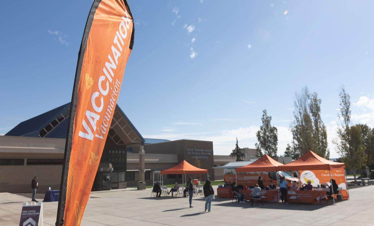 Columbia Basin College partnered with the Washington State Department of Health’s Care-A-Van to offer COVID-19 vaccines on the Pasco campus in 2021. Gift cards are sometimes given out at free clinics.