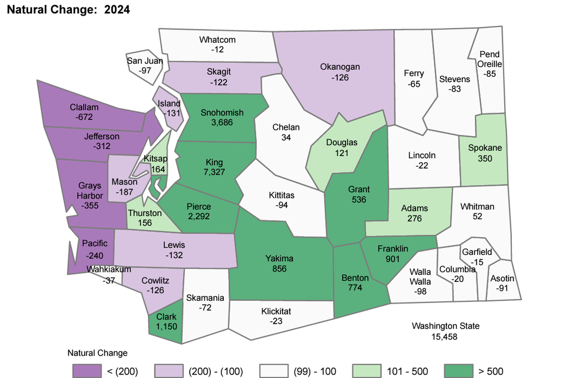 Map used in the 2024 poulation change in Washington press release from the Office of Financial Management shows which counties had the greatest population increases through births in the county.