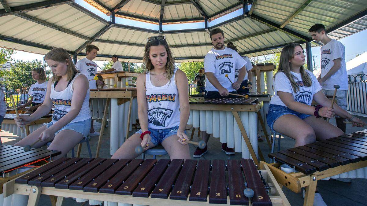 The Bahuru Marimba band performs at Volunteer Park in Pasco during Sundown in Tri-Town on Wednesday. 

The free event is 4:30-8 p.m. every Wednesday until August. The event has live music, food, a beer garden and other activities.
