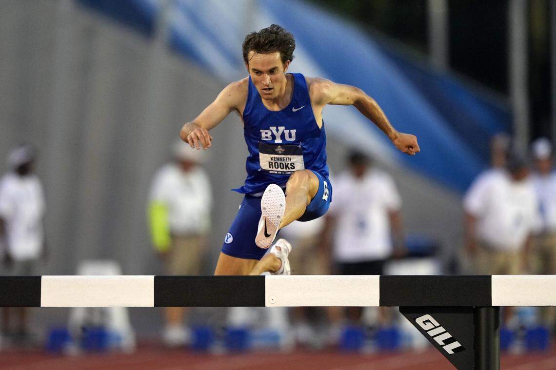 Kenneth Rooks, formerly of BYU, wins the steeplechase in June 2023 at the NCAA Track & Field Championships at Mike A. Myers Stadium.