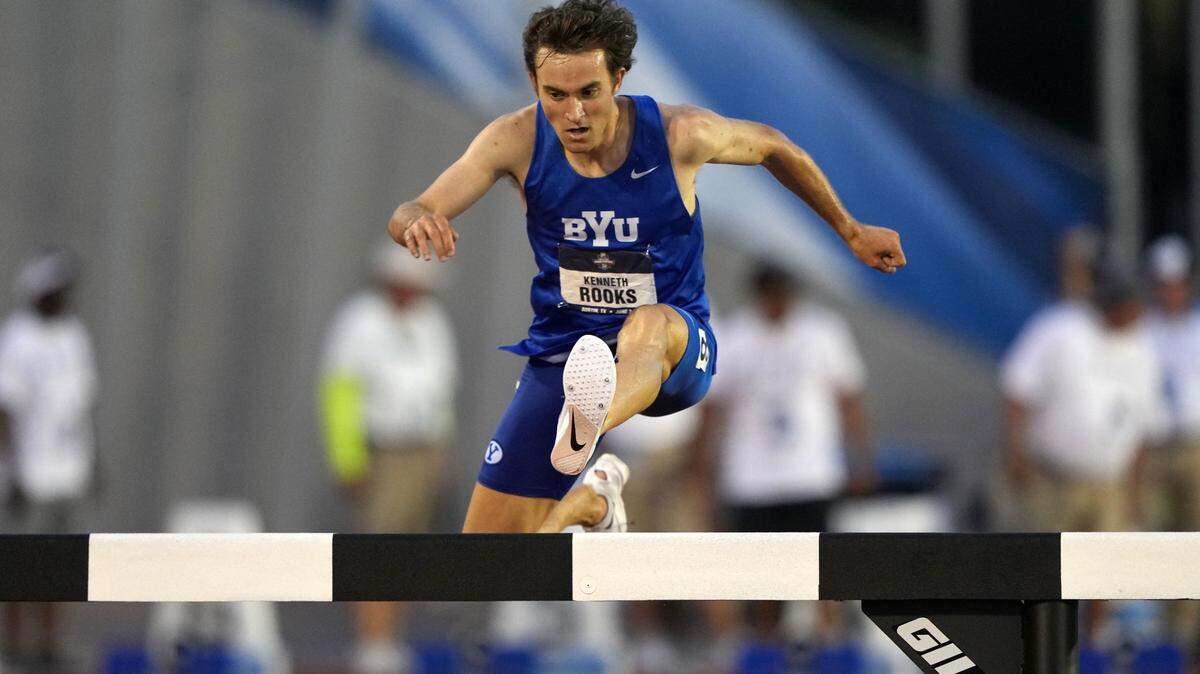 Kenneth Rooks of BYU wins the steeplechase in June 2023 at the NCAA Track & Field Championships at Mike A. Myers Stadium.