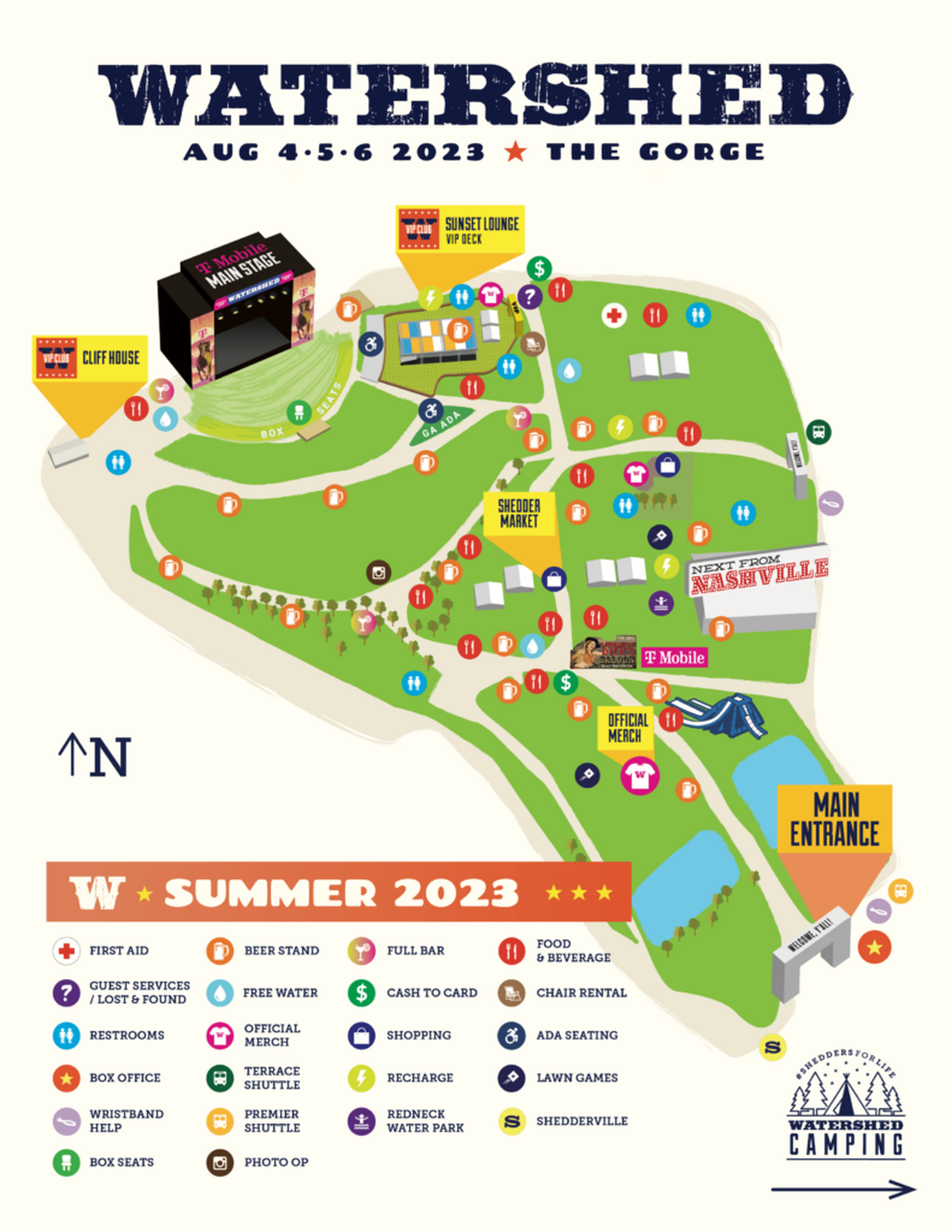 The 2023 map for Watershed, country music festival at the Gorge Amphitheatre near George, Wash. Attendees at any music festival should familiarize themselves with the layout, especially for key points like exits, bathrooms and first aid tents.