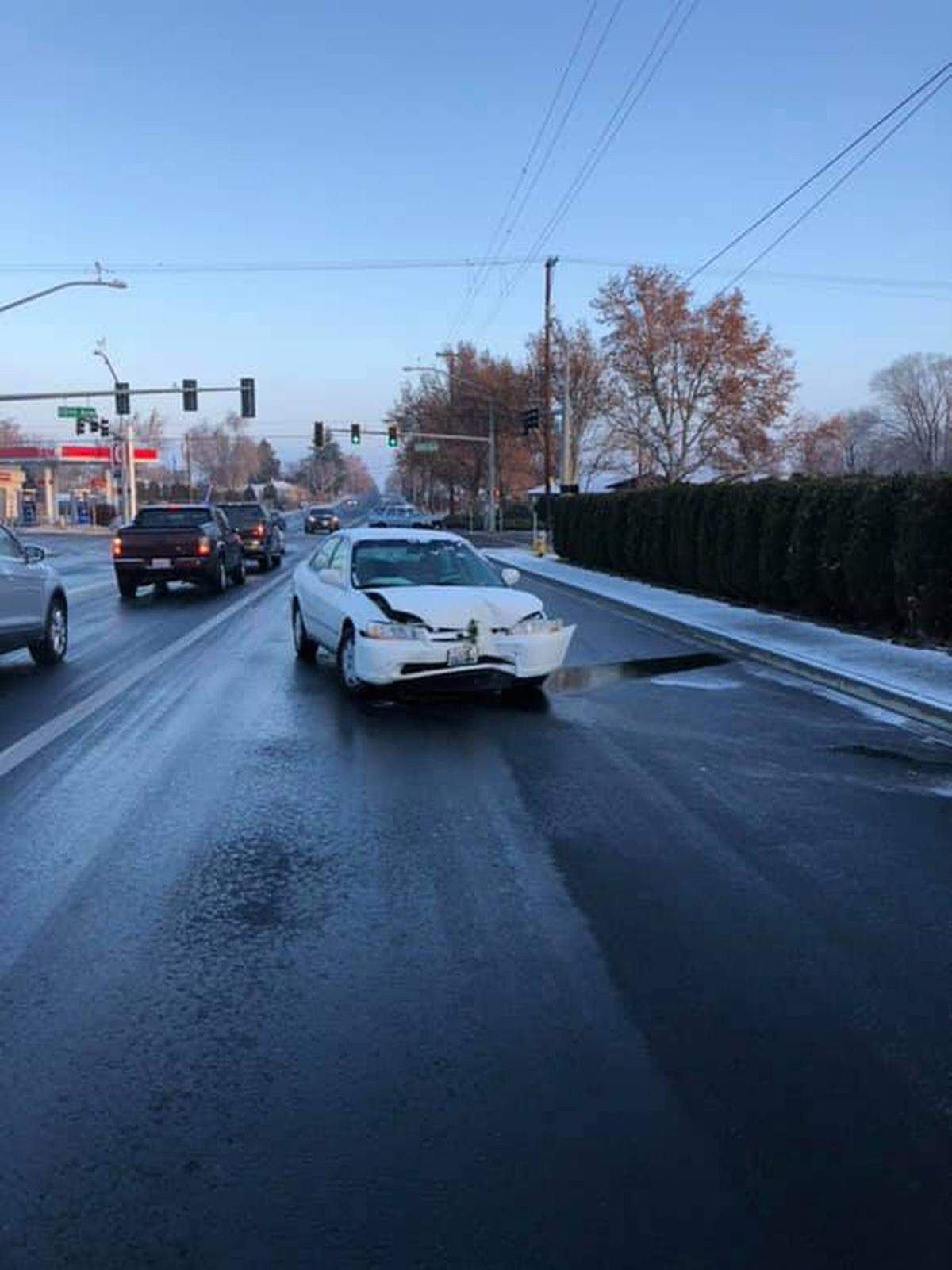 Icy roads contributed to a crash near Union Street and 10th Avenue in Kennewick Monday morning.