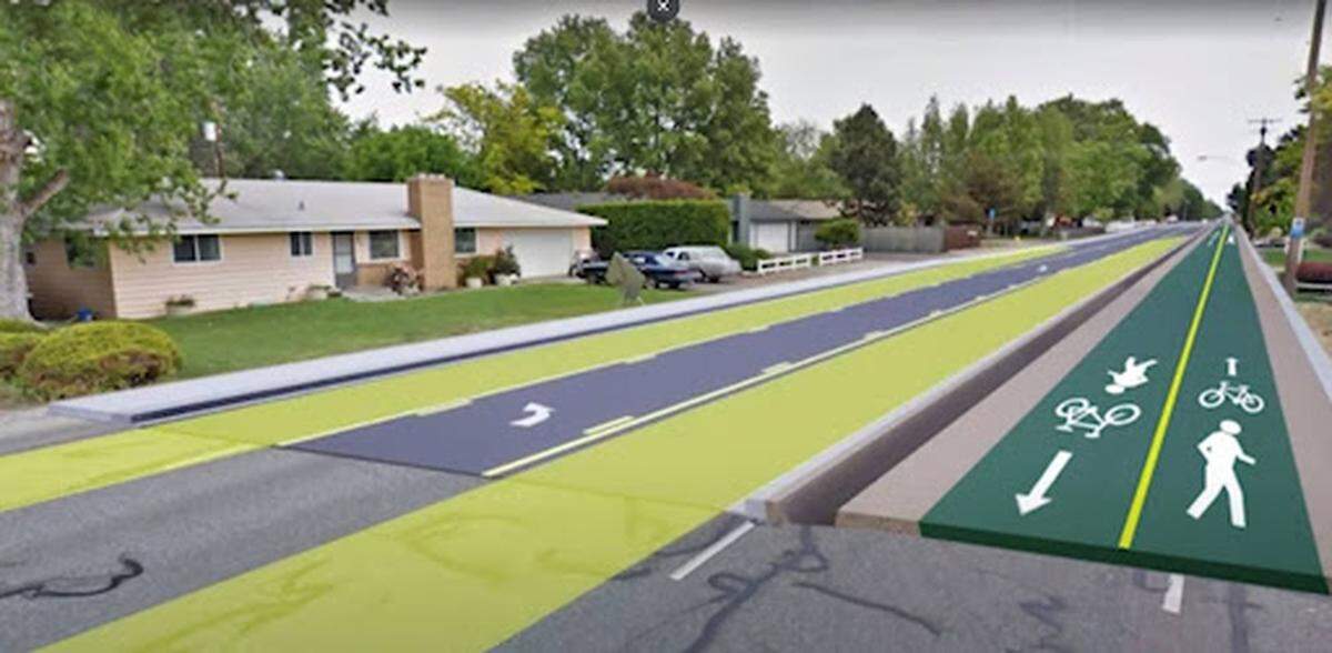 A rendering provided by Pasco city government shows a new turn lane and combination bicycle-pedestrian pathway along Sylvester Street west of U.S. 395. The Sylvester Street safety improvements project is estimated to cost nearly $5 million.