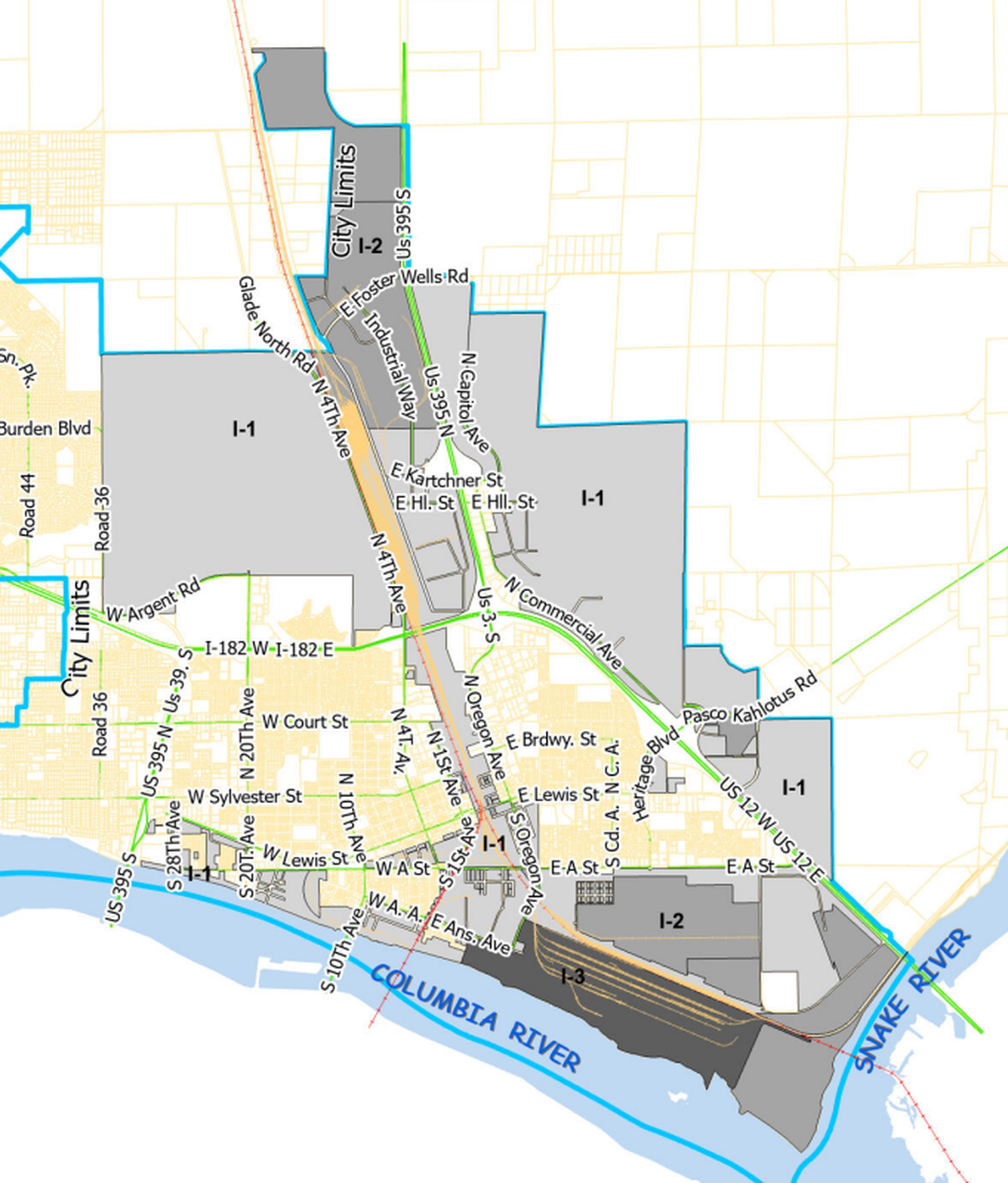 This map shows industrial zoned land in Pasco in gray.