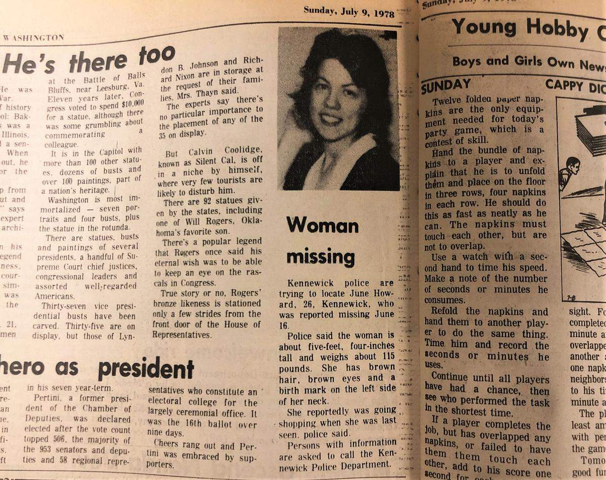 This 1978 news article in the Tri-City Herald reports the details of the disappearance of June Howard.