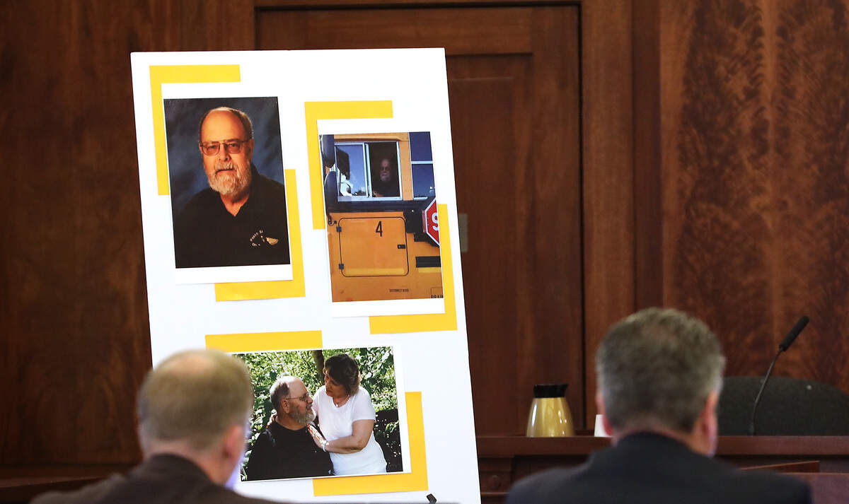 Portraits of fatal stabbing victim are displayed on a posterboard Friday during the sentencing hearing for Joshua D. Davis.