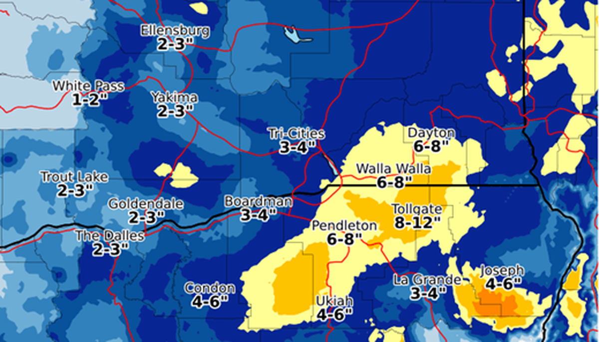 Here are the predicted new snow totals for eastern Washington and Oregon Wednesday through early Thursday morning.