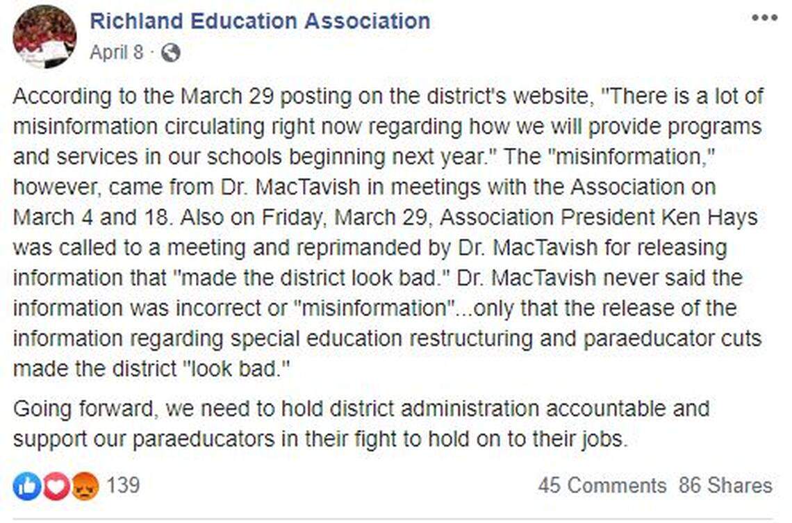In this post, the Richland Education Association said President Ken Hays was “reprimanded” by Nicole MacTavish because he released information that made the district look bad.