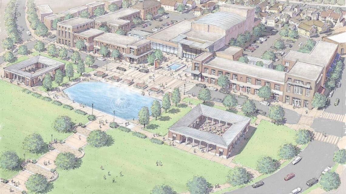 The 800-seat Vista Arts Center, center top, will anchor the Port of Kennewick's 103-acre redevelopment plan. The port released conceptual drawings by Chris Ritter showing a charming mix of parks, pavilions and plazas. The port hopes to begin building roads and other infrastructure for the first phase this fall.