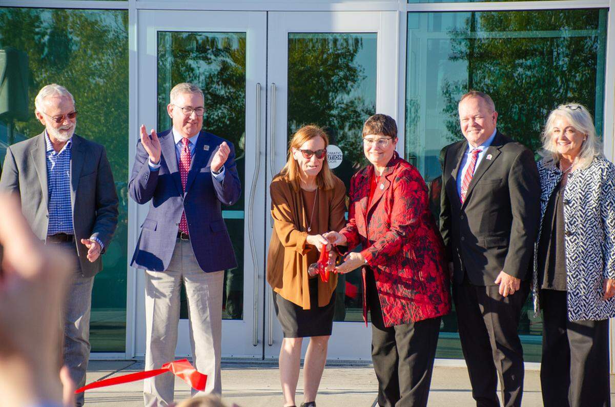 Washington State University administrators and Tri-City lawmakers cut the ribbon Oct. 2, on the new WSU Tri-Cities’ Institute for NW Energy Futures. The ceremony included, from left, Congressman Dan Newhouse, WSU President Kirk Schulz, WSU Tri-Cities Chancellor Sandra Haynes, the inaugural institute director Noel Schulz, state Sen. Matt Boehnke and Richland Mayor Theresa Richardson.