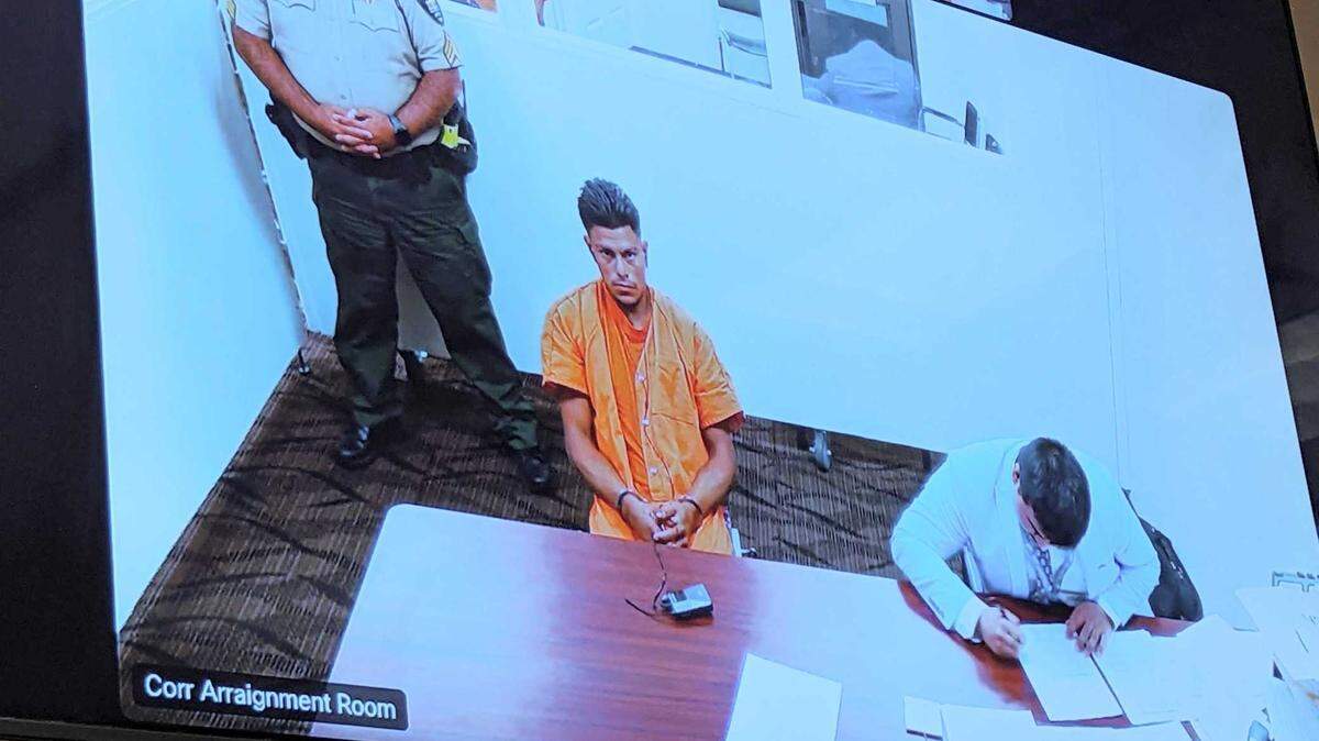 Murder suspect Reymundo Carrillo-Bojorgez, 28, appears before Franklin County Superior Court Judge Sam Swanberg during a preliminary hearing video call on July 17.